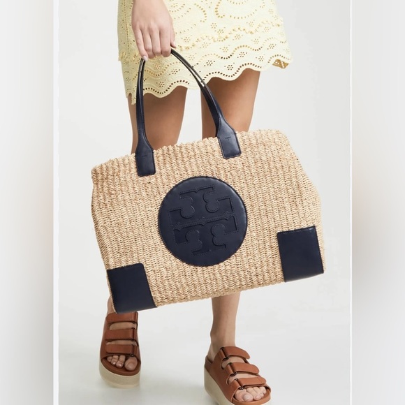 Tory Burch Handbags - Tory Burch Straw & Navy Blue Ella Tote Bag